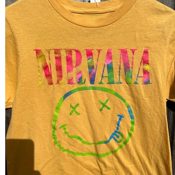 Nirvana Rainbow Smiley Face Yellow Shirt Womens Size Medium - Picture 2 of 3